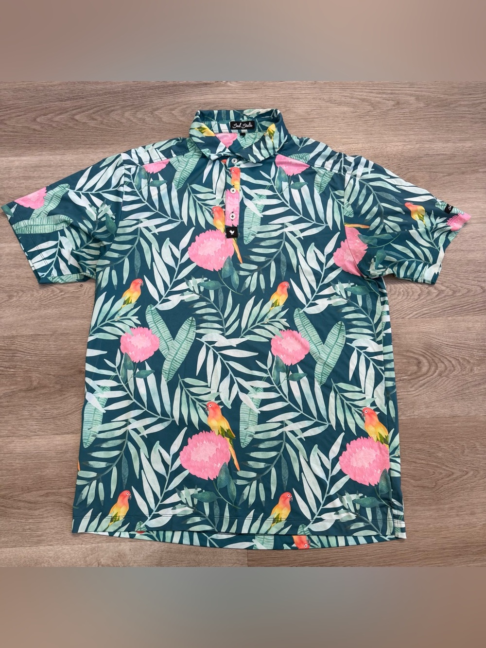 Bad Birdie Polo Shirt Mens Large Multicolor Plant Print Golf Performance Stretch